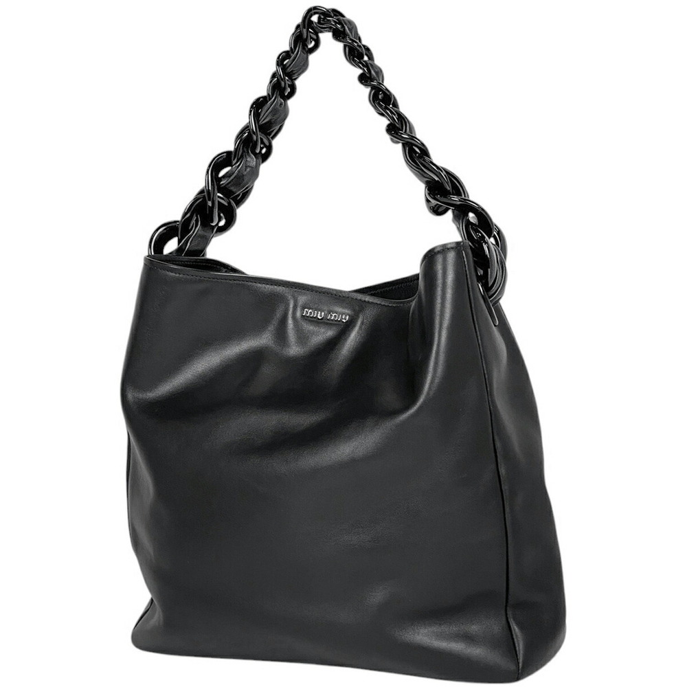 Miu Miu Logo Chain Shoulder Bag Hobo Leather Black